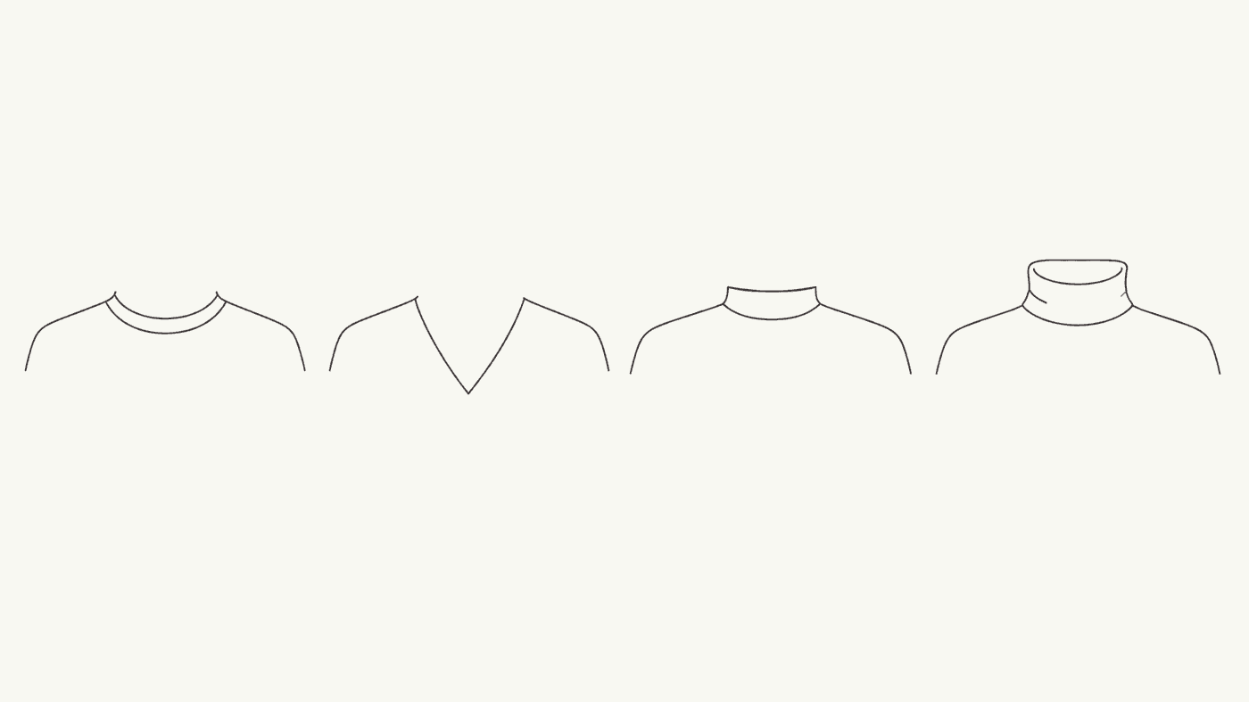 Four neckline outlines: crew, deep V, mock neck and turtleneck
