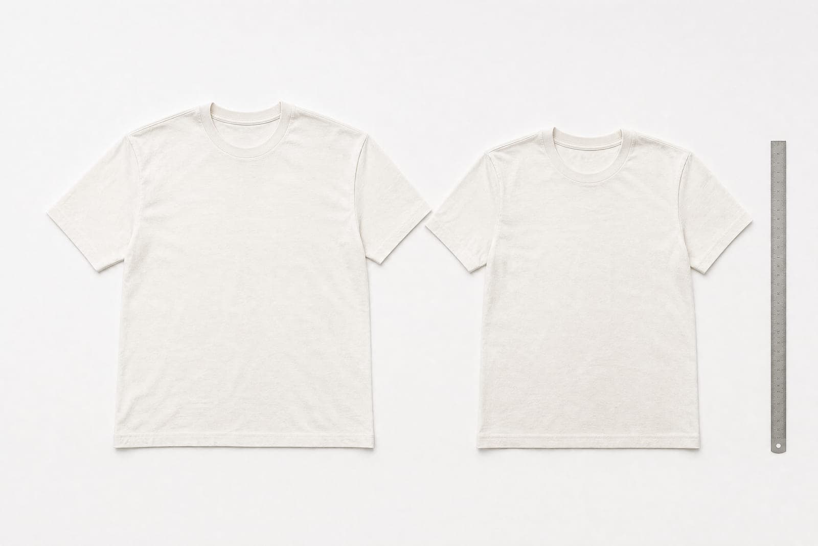 Two identical t-shirts laid flat beside a ruler, one slightly smaller after washing